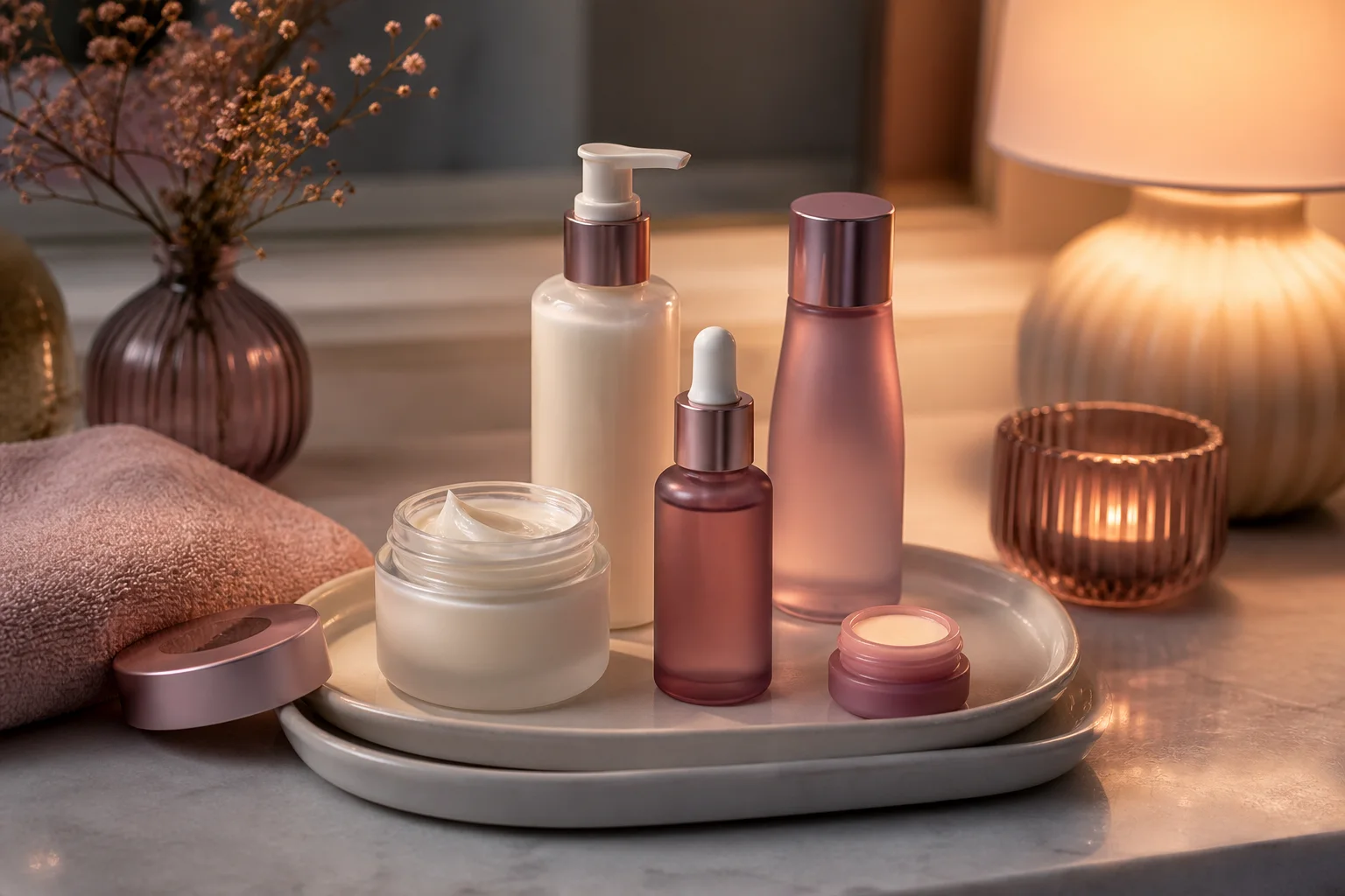 Night skincare products on a warm vanity